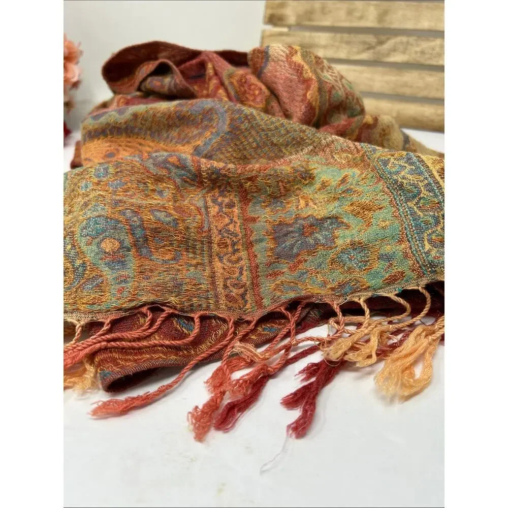 Pashmina Rust & Teal paisley woven shawl scarf